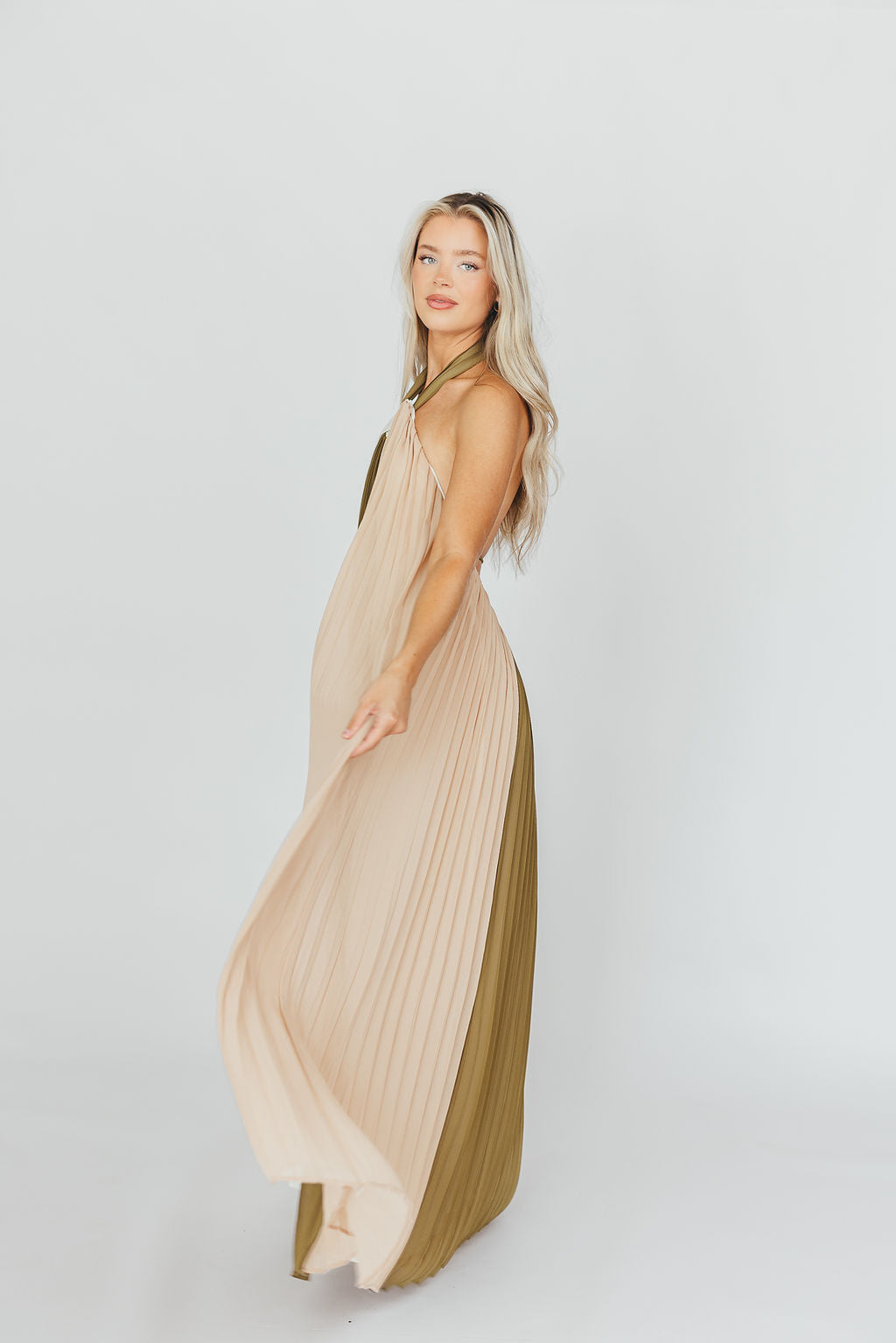 Stevie Halter Color Block Pleated Maxi Dress in Olive Multi