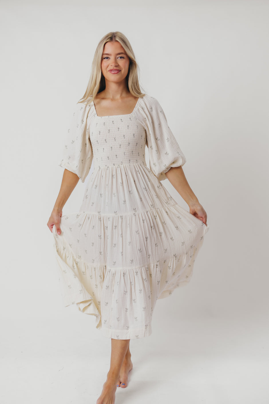 Hunter 100% Cotton Midi Dress in Pale Pink Foliage - Bump Friendly
