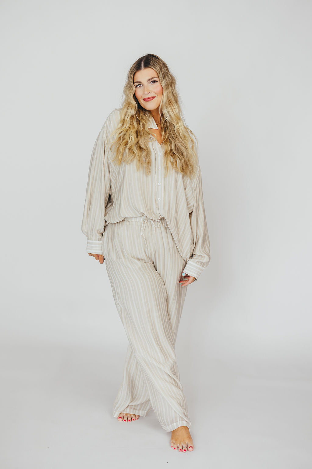 Sloane Striped Button-Down Shirt and Pants Set in Natural