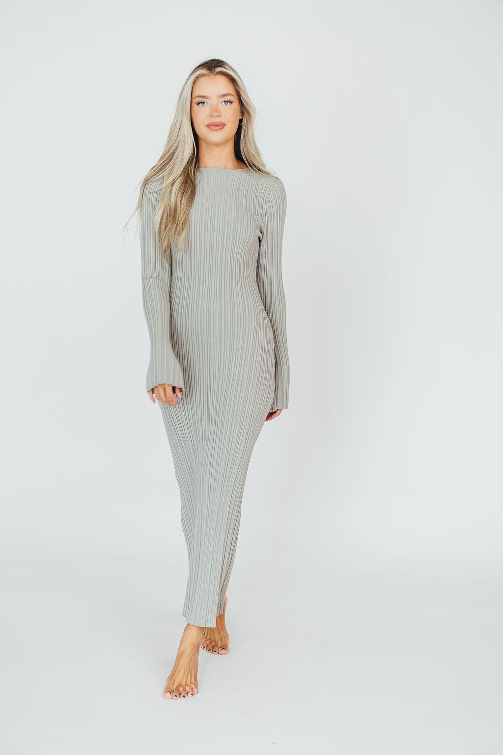 Allie Long Sleeve Ribbed Maxi Dress in Mint Sky Grey