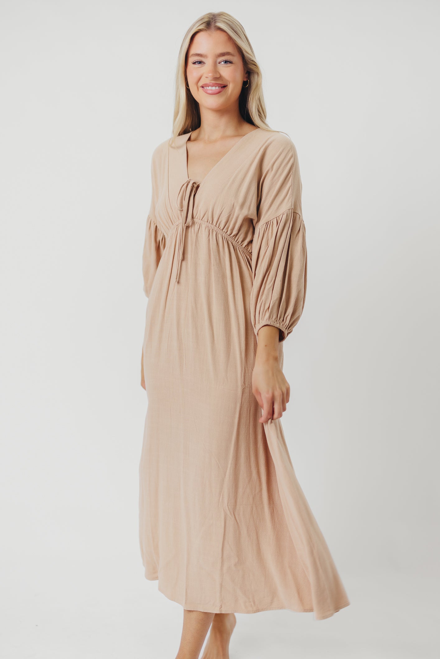 Hunter Linen Blend Midi Dress in Pink Beige Bump Friendly XS XL