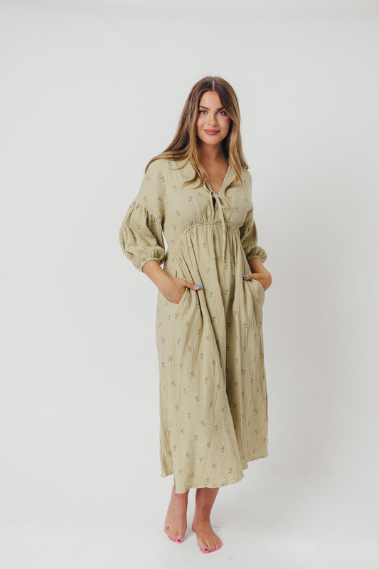 Hunter 100% Cotton Gauze Midi Dress in Thyme/Sage Foliage - Bump Friendly and Inclusive Sizing