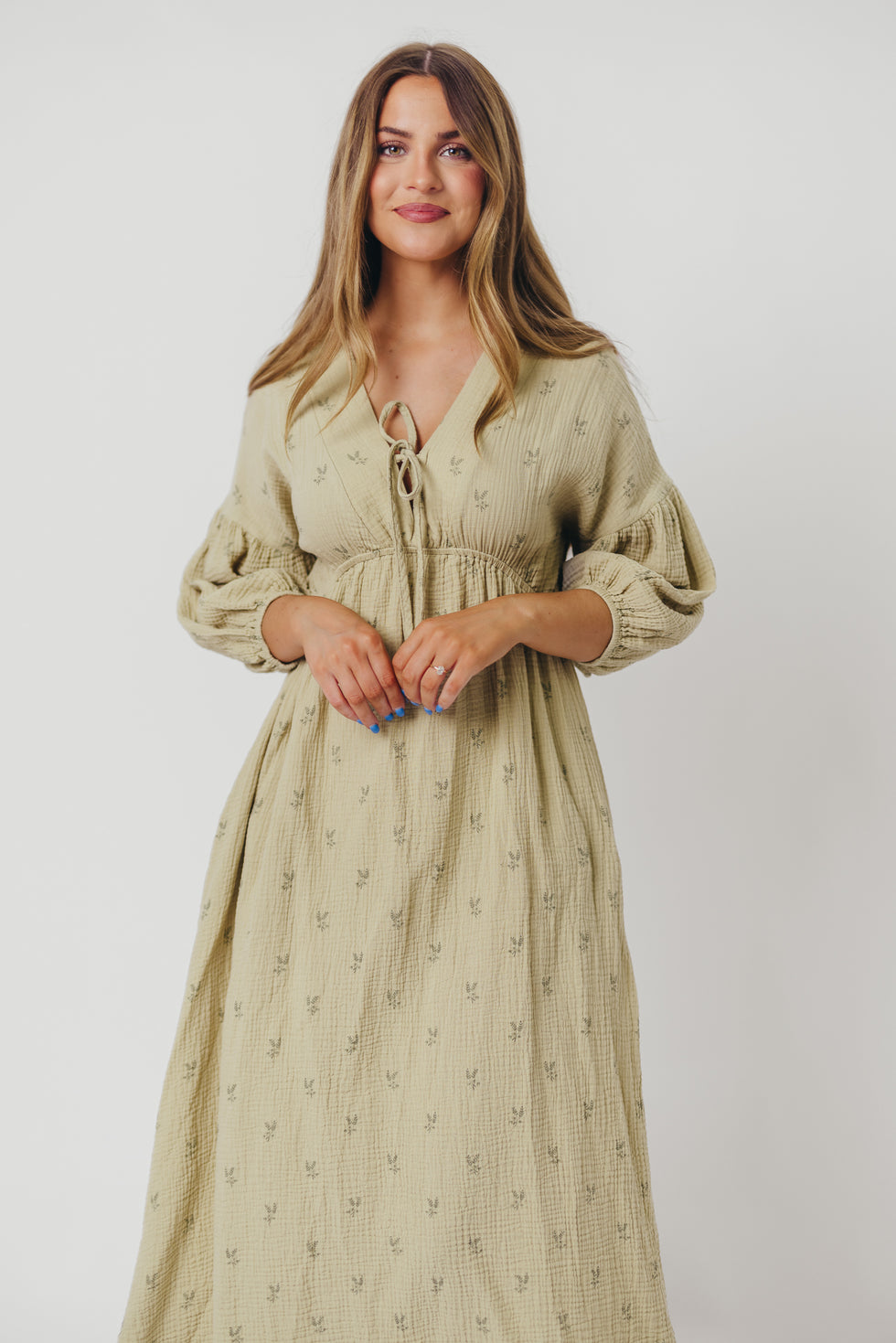 Hunter 100% Cotton Midi Dress in Baby Blue Foliage - Bump Friendly