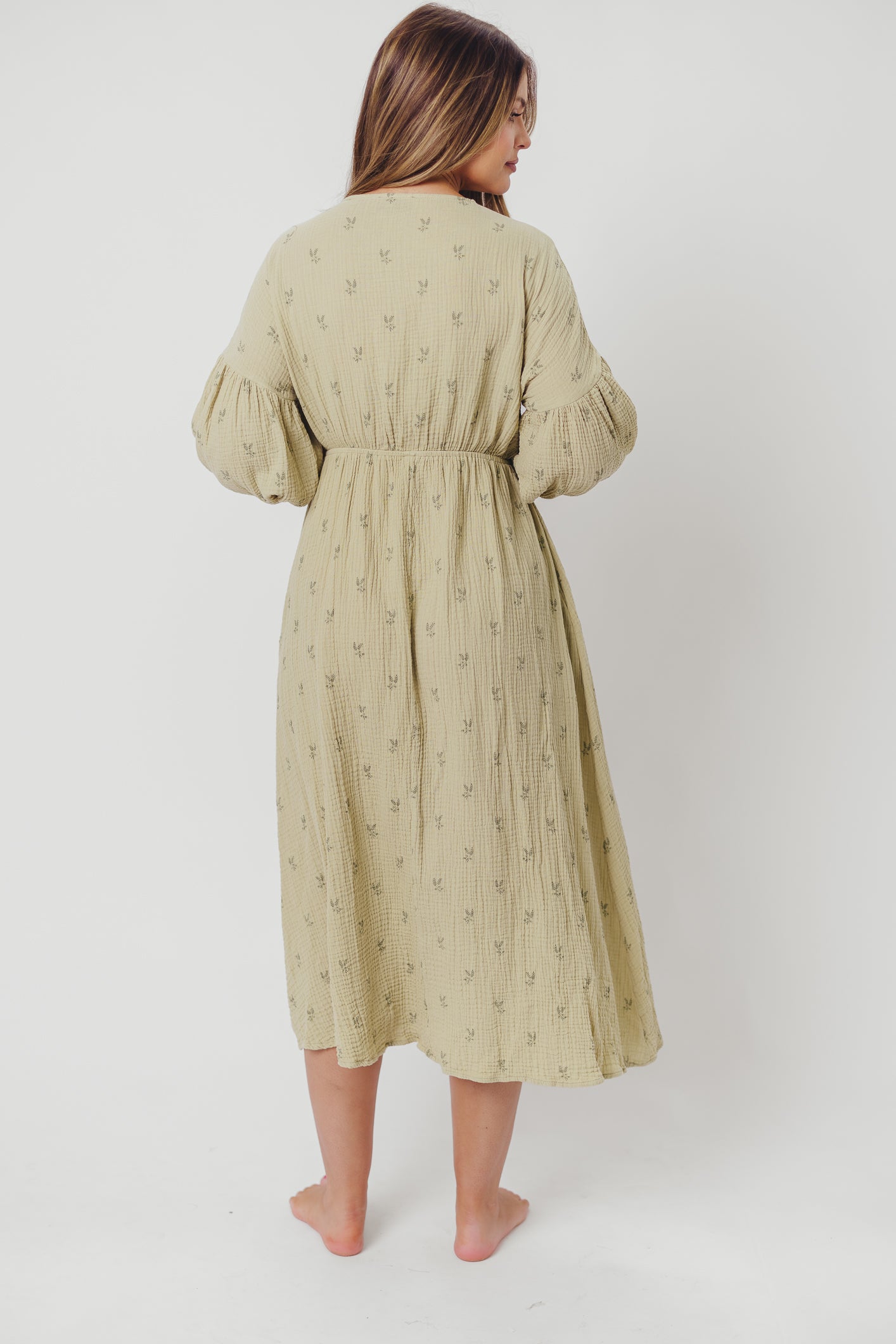 Hunter 100% Cotton Gauze Midi Dress in Natural/Fawn Floral - Bump Friendly