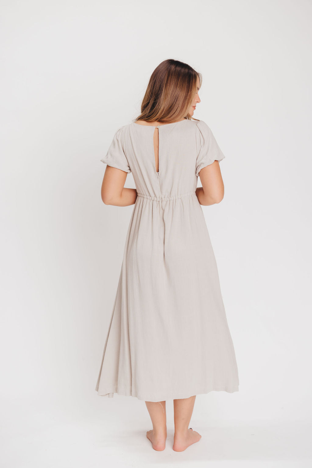 Ainsley Square Neck Midi Dress with Puffed Sleeves in Oat - Bump Friendly