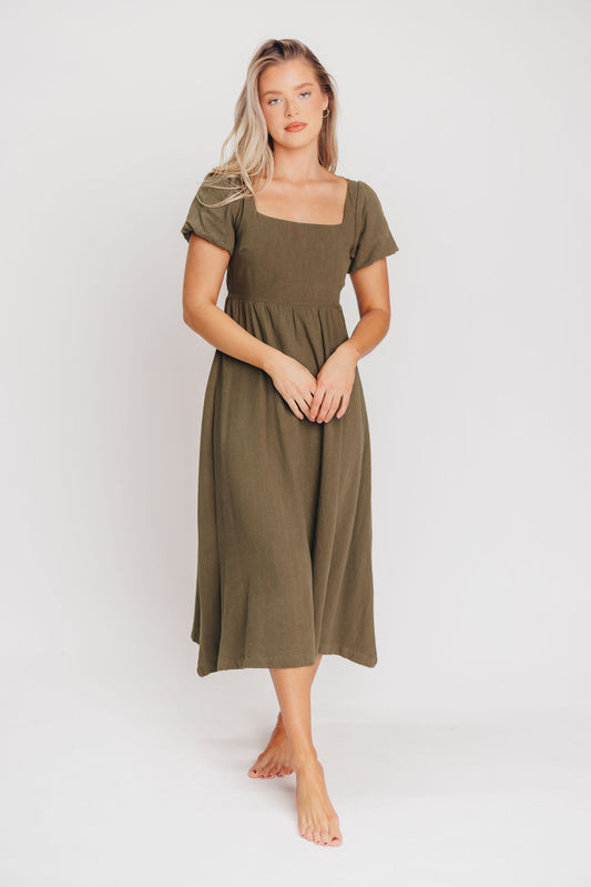 Ainsley Square Neck Midi Dress with Puffed Sleeves in Hunter Green - Bump Friendly (See Color Info)