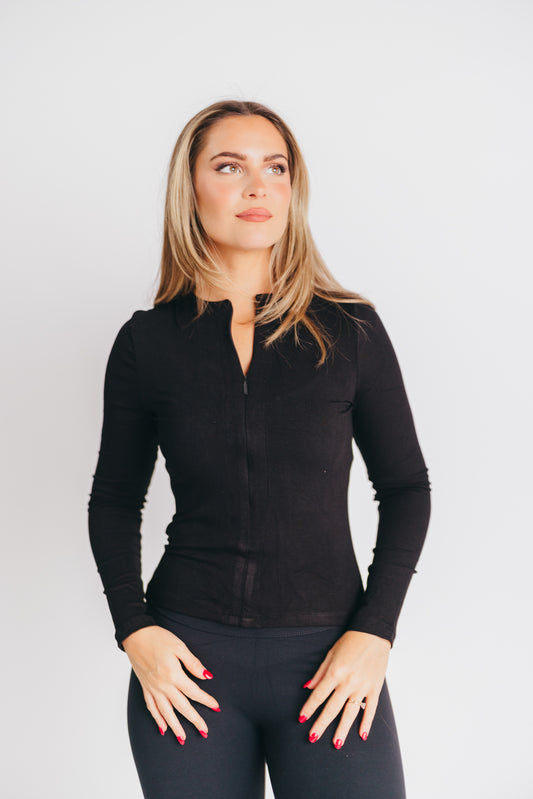 Worth the Label Zip-Front Ribbed Top in Black