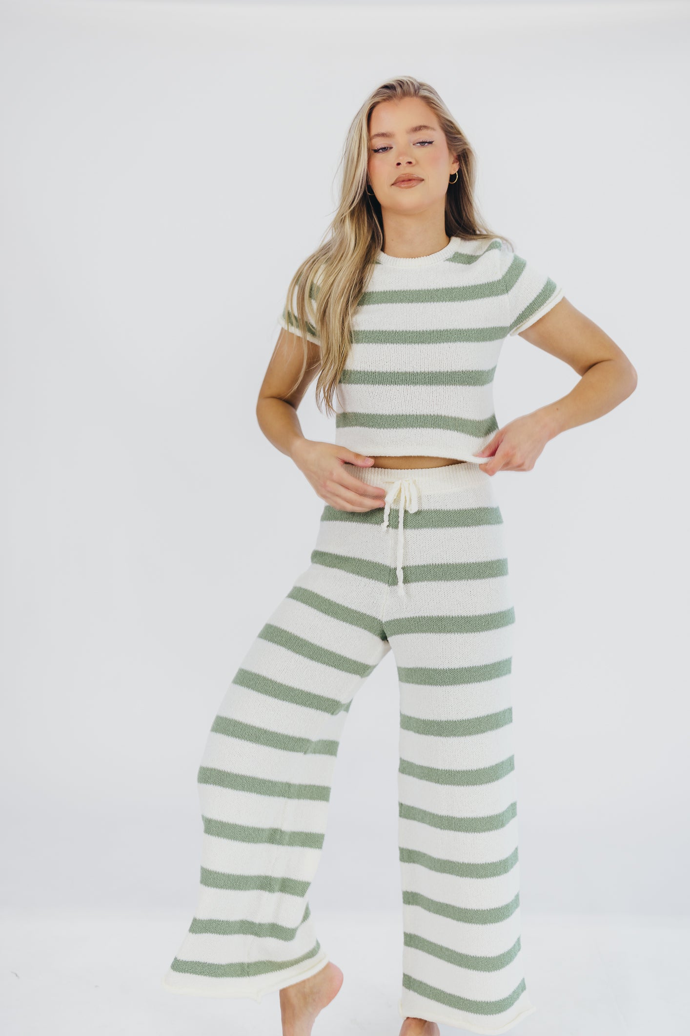 Callan Wide Stripe Crop Top and Pant Set in Sage