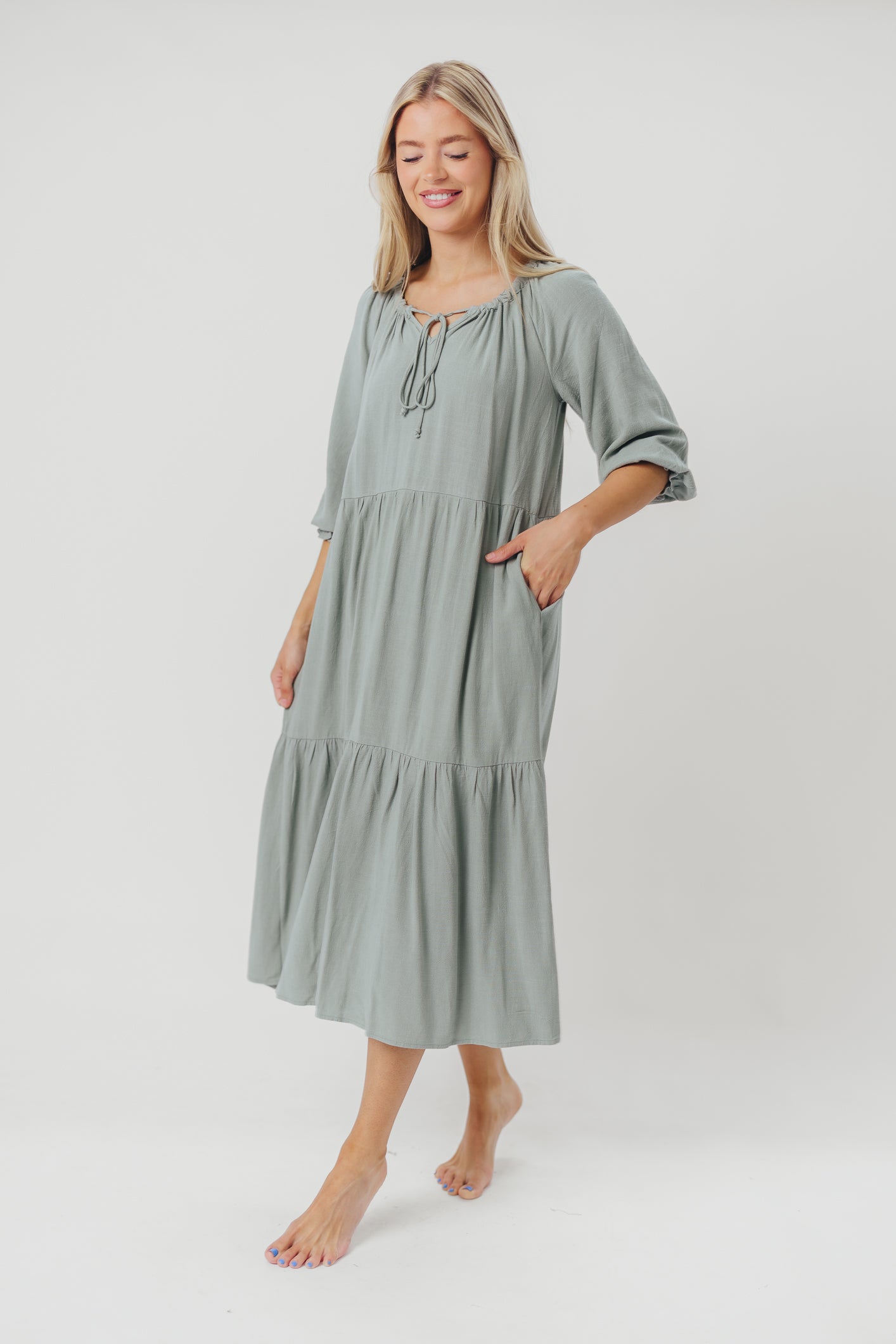 Avery Tiered Linen-Blend Midi Dress in Sage - Bump Friendly and Inclusive Sizing