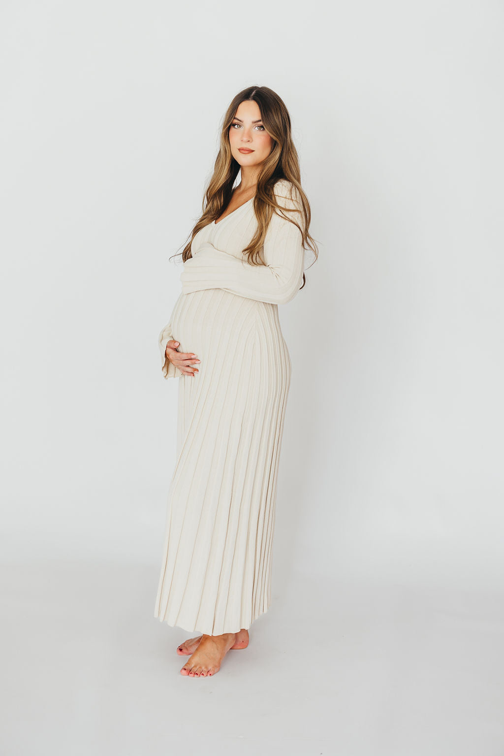 Hadley Long Sleeve V-Neck Knit Maxi Dress in Cream Taupe Hadley Long Sleeve V-Neck Knit Maxi Dress in Cream Taupe