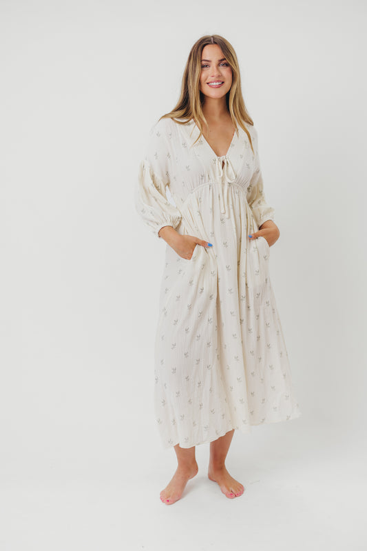 Hunter 100% Cotton Gauze Midi Dress in Soy/Sage Foliage - Bump Friendly and Inclusive Sizing