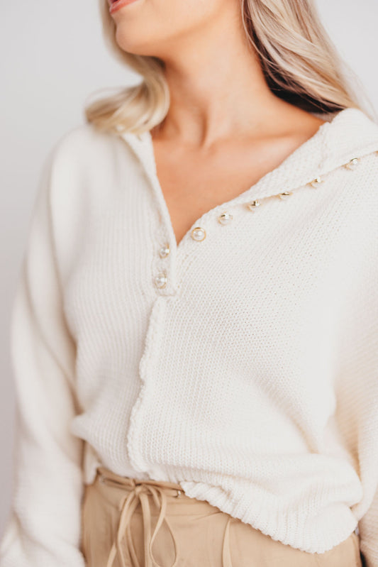 Maggie Mock-Neck Sweater with Pearl Button Detail in Almond