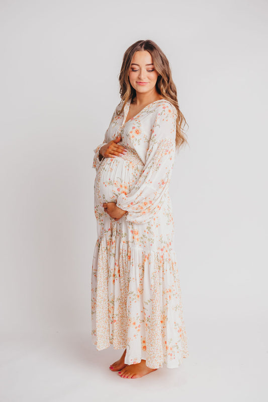 Madeline Button-Up Maxi Dress in Natural/Peach - Bump and Nursing Friendly