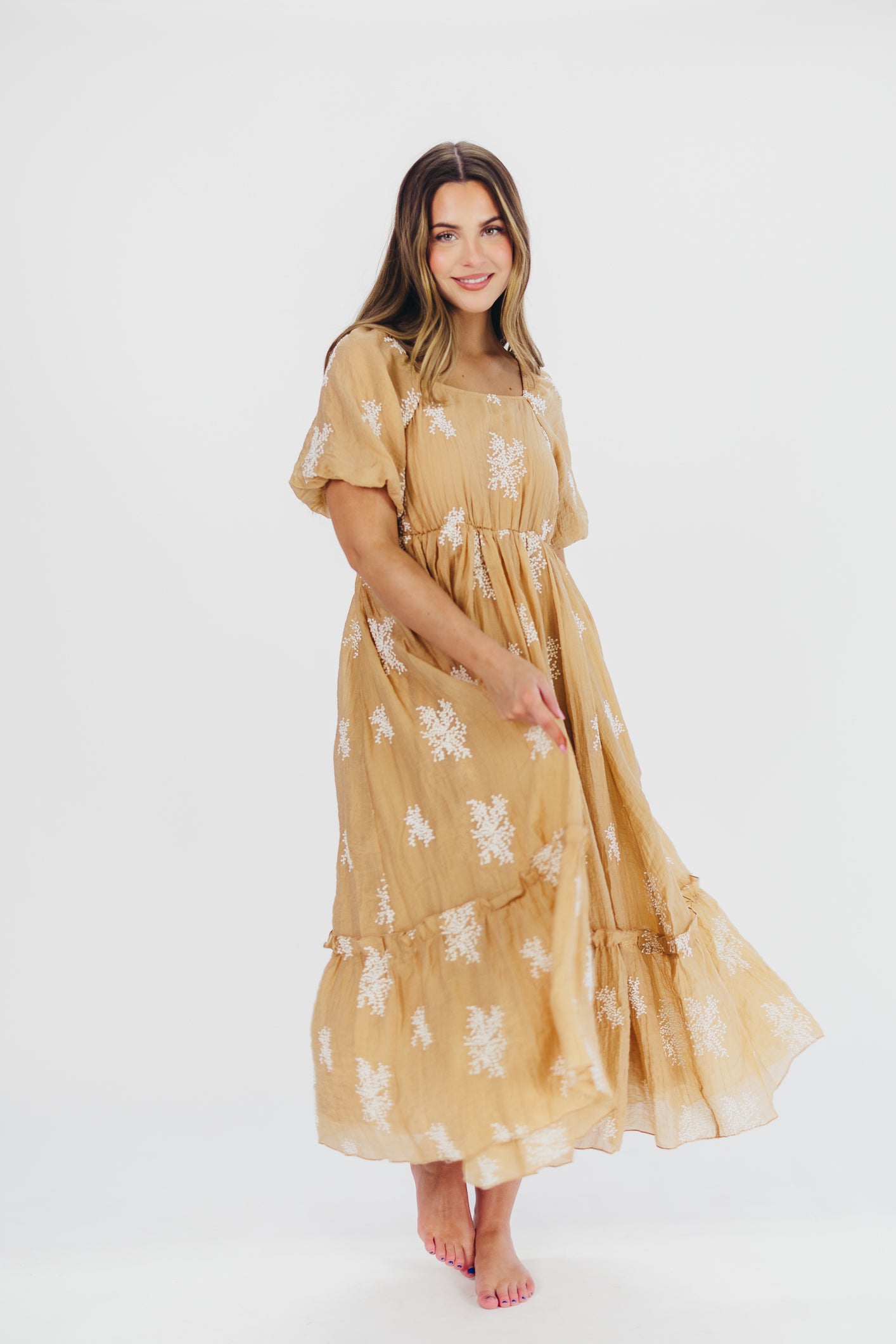 Hallie Embroidered Maxi Dress in Camel - Bump Friendly & Inclusive Sizing (S-3XL)