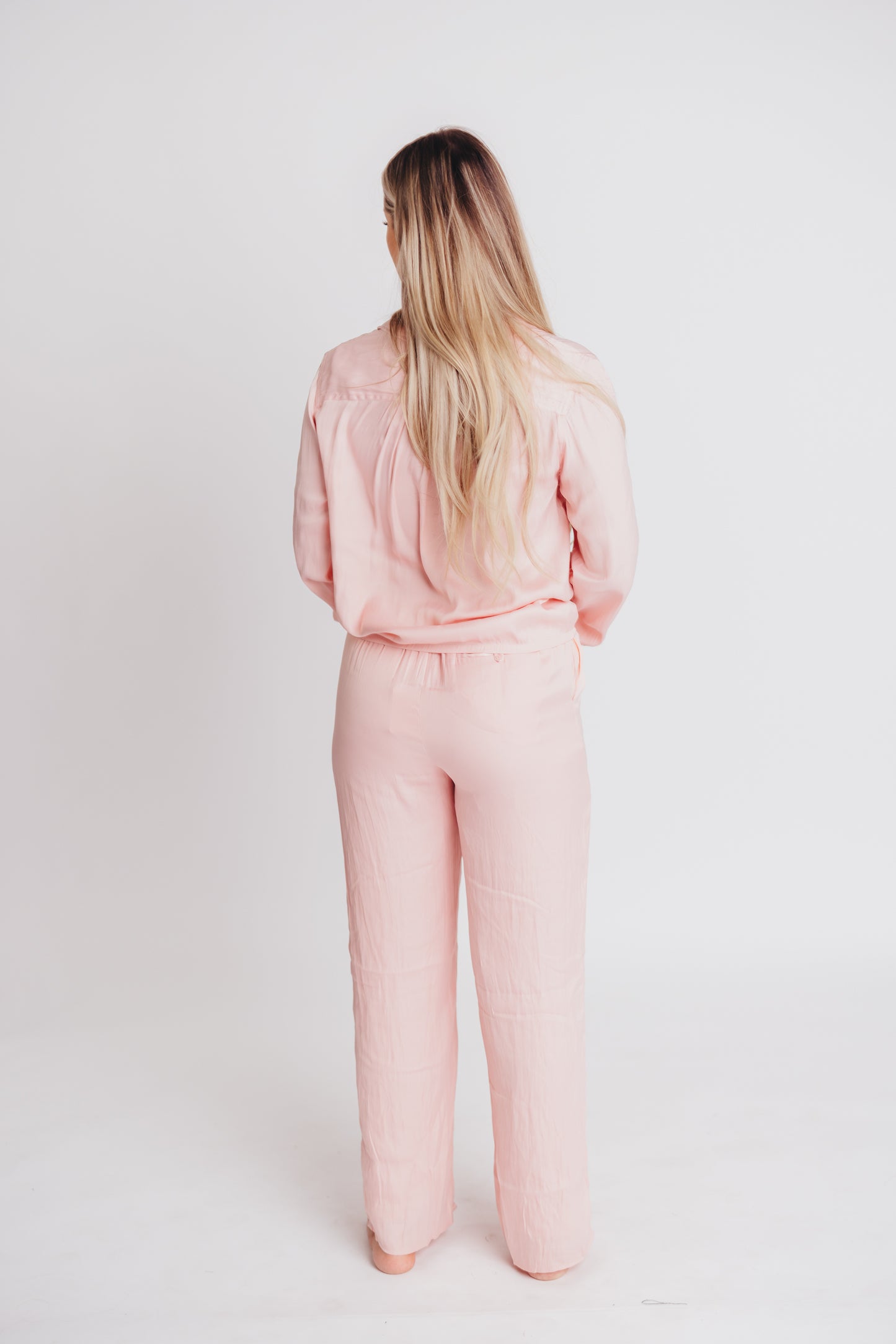 June Satin Button-Up and Drawstring Pant Set in Pink