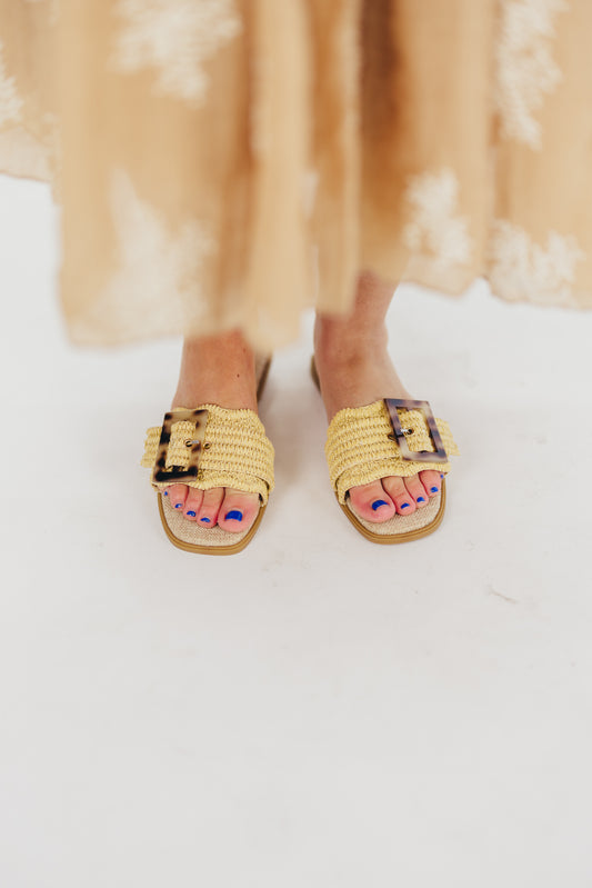 Leslie Raffia Slide with Tortoise Buckle in Yellow Camel
