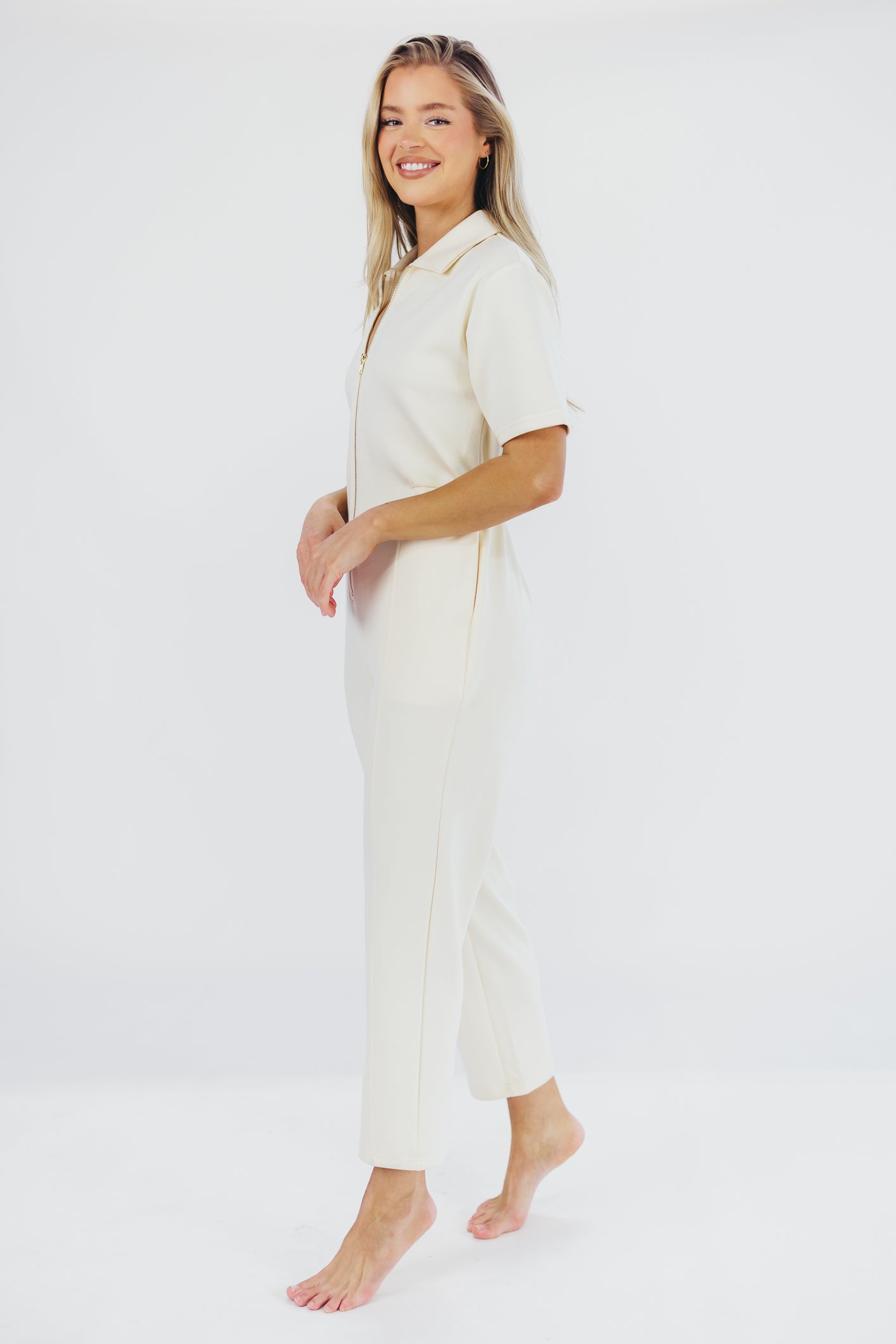 Saylor 100% Cotton Short-Sleeved Jumpsuit in Beige - Nursing Friendly