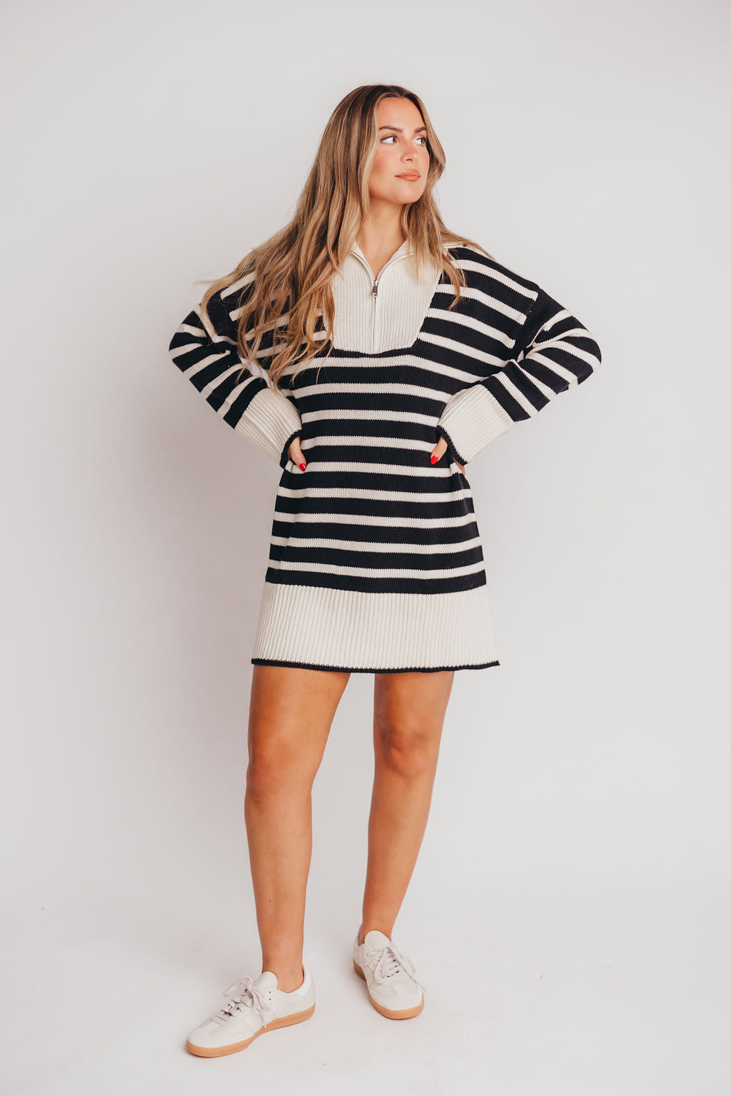 Beatrice Collared Sweater Dress in Black/Cream Stripe