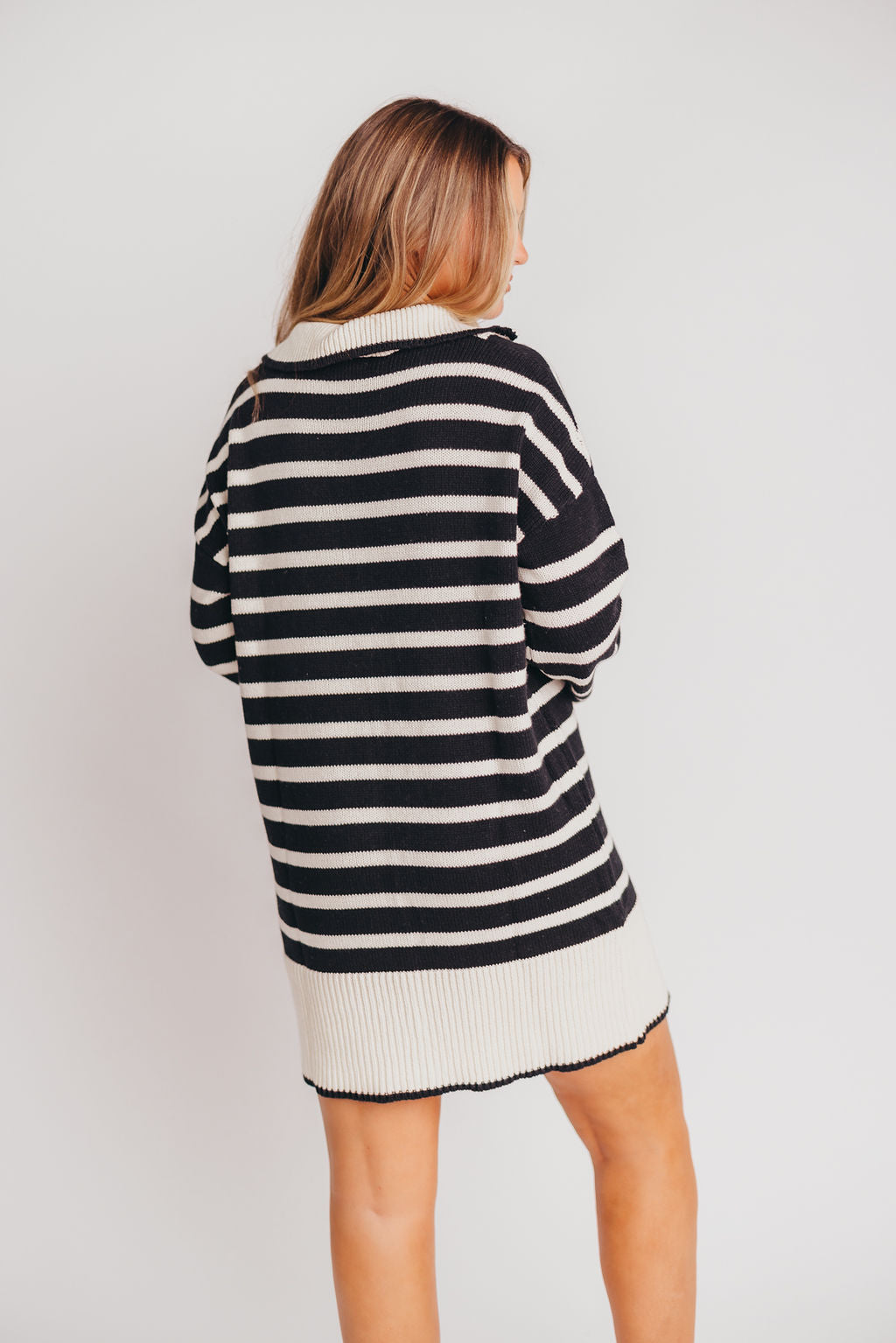 Beatrice Collared Sweater Dress in Black/Cream Stripe
