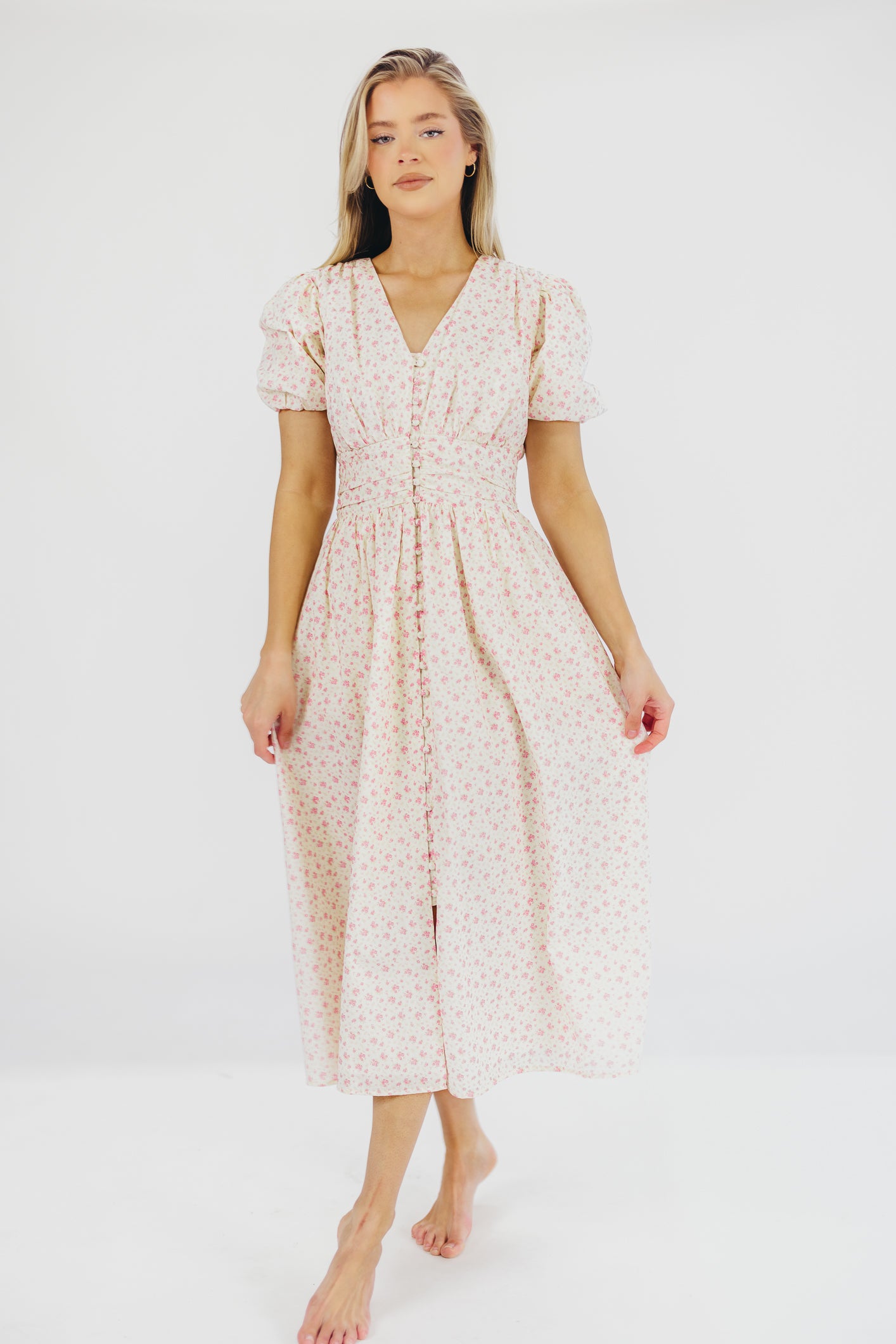 Billie Pleated Maxi Dress in White Pink Floral - Bump Friendly & Inclusive Sizing (S-3XL)