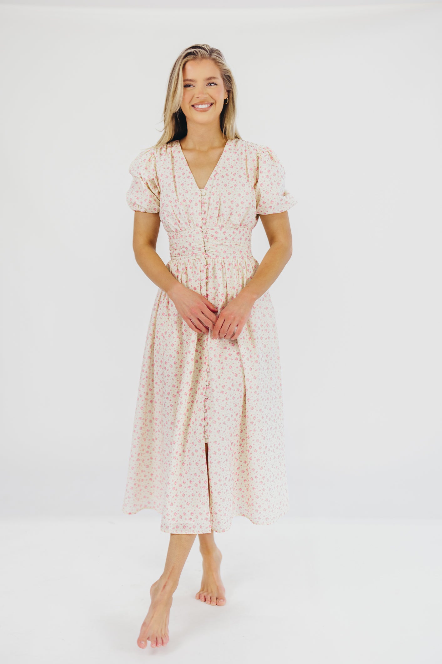 Billie Pleated Maxi Dress in White Pink Floral - Bump Friendly & Inclusive Sizing (S-3XL)