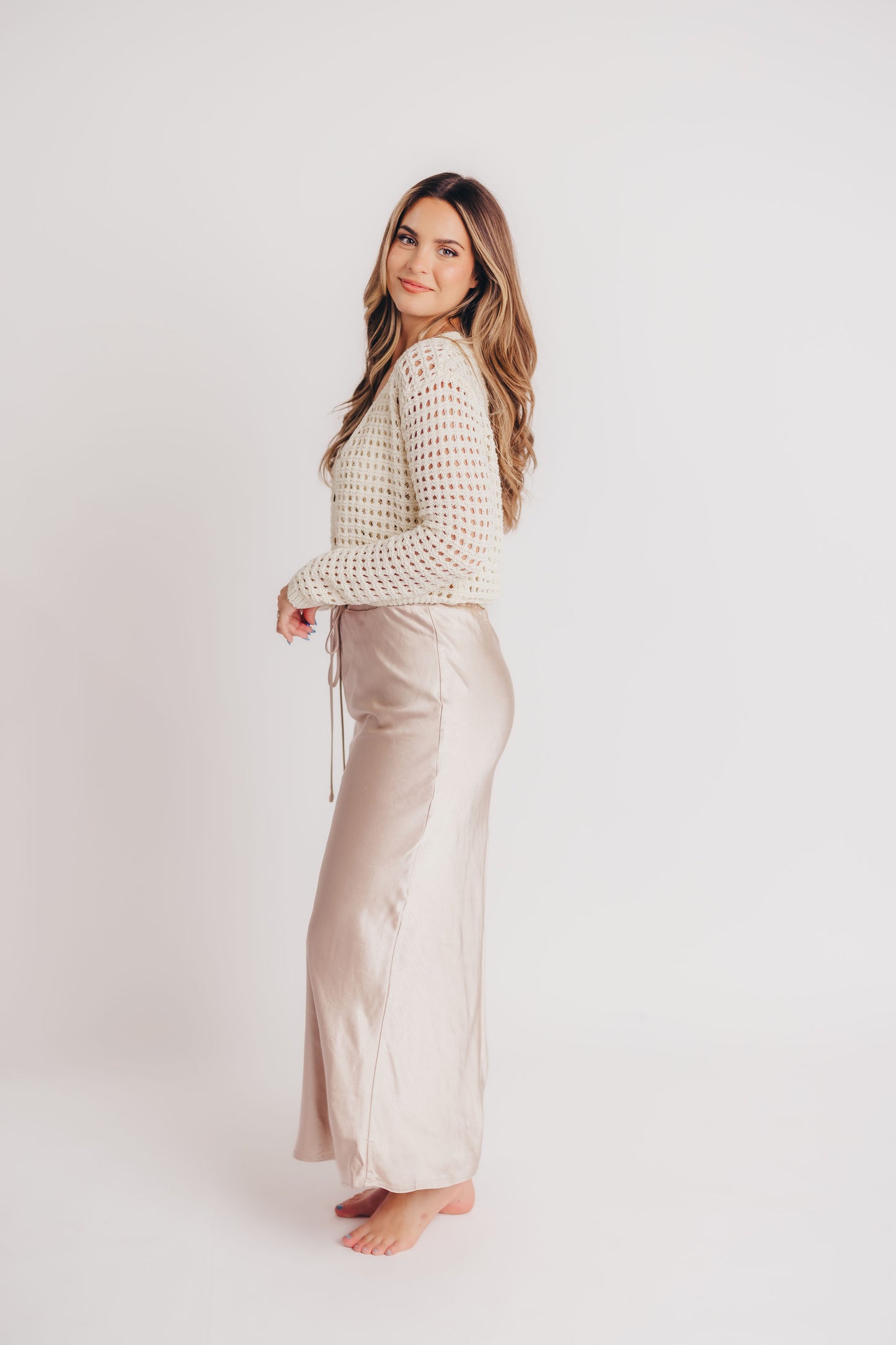 Lagos Tie Front Satin Maxi Skirt in Oyster