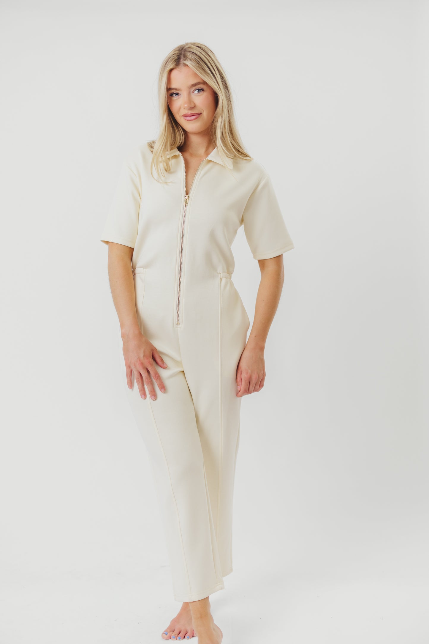Heidi Scuba Modal Zip-Up Jumpsuit in Eggshell - Nursing Friendly