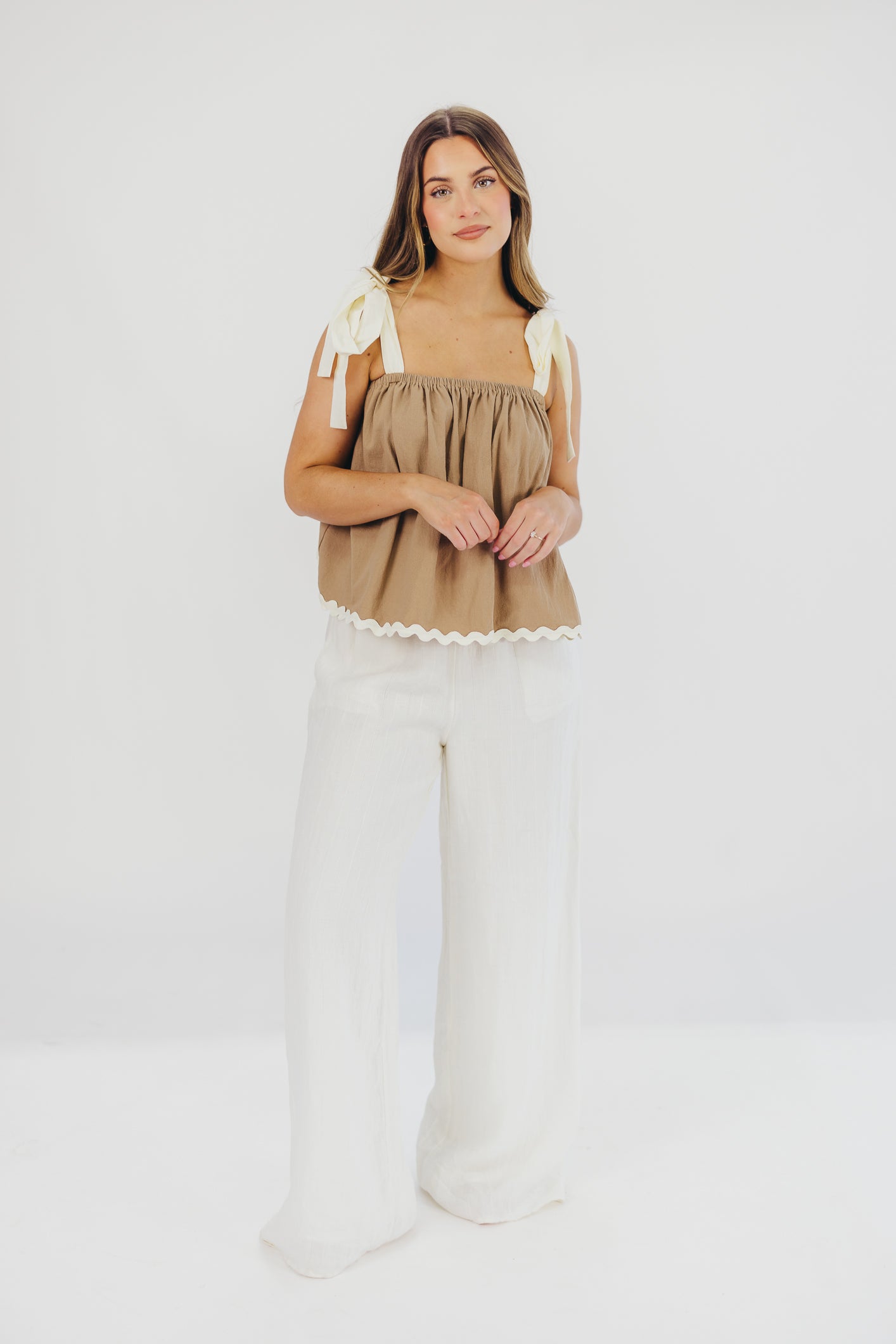 Ginger Ric Rac Cami Top with Shoulder Tie in Mocha
