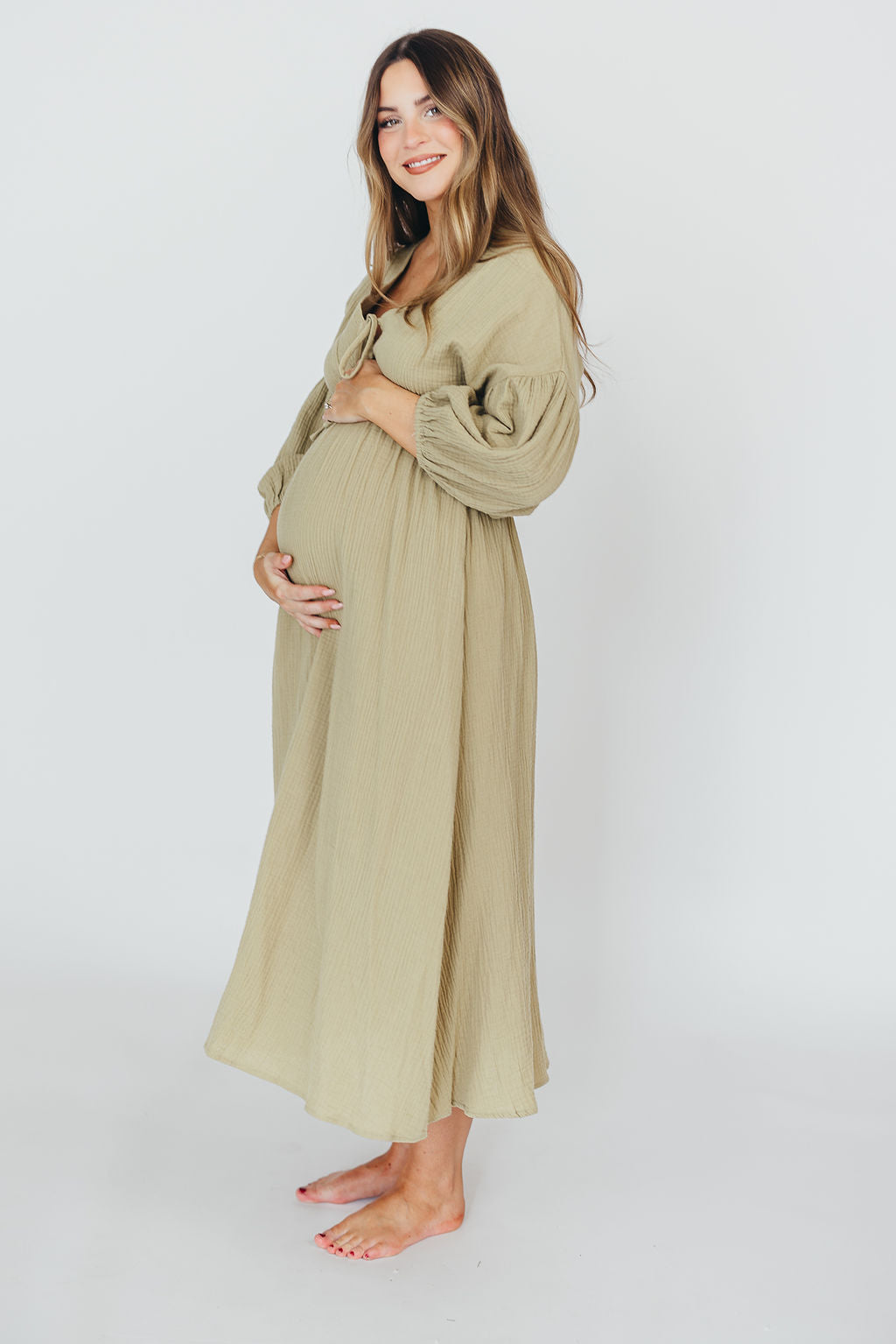 Hunter 100% Cotton Gauze Midi Dress in Thyme - Bump Friendly and Inclusive Sizing