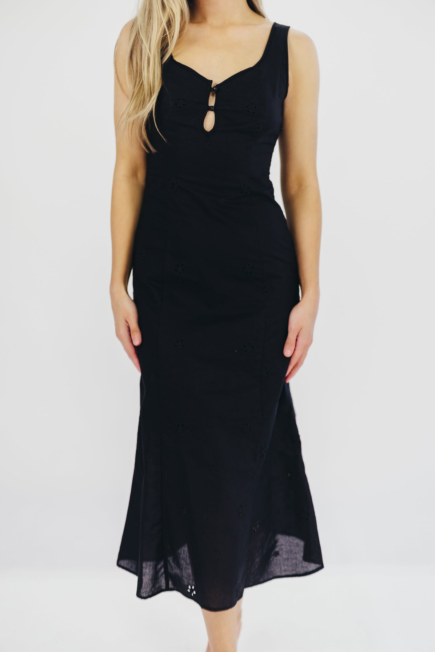 Nia Eyelet Midi Dress in Black