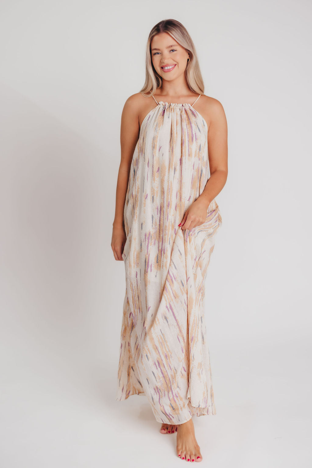 Nicola High Neck Lace-Up Back Maxi Dress in Blush/Natural