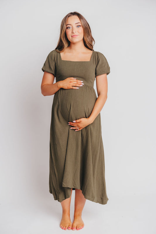 Ainsley Square Neck Midi Dress with Puffed Sleeves in Hunter Green - Bump Friendly
