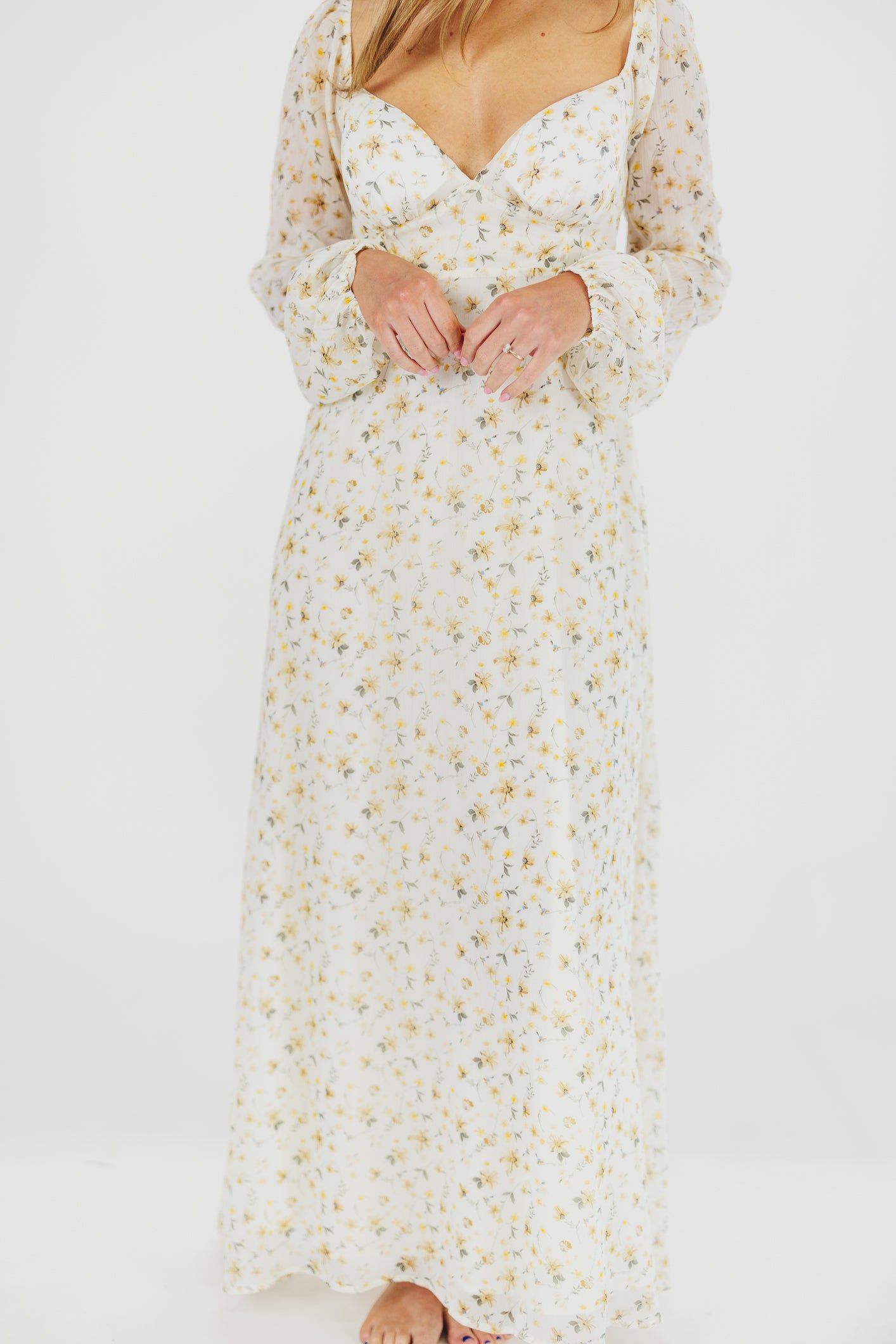 Worth Collective Parker Smocked Maxi Dress with Puffed Sleeves in Ivory Yellow Bump Friendly Inclusive Sizing s 3xl 1x