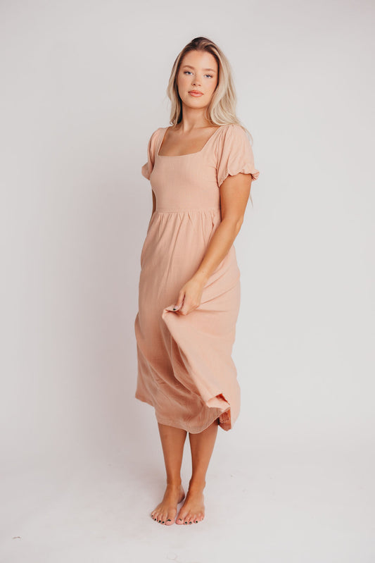 Ainsley Square Neck Midi Dress with Puffed Sleeves in Blush - Bump Friendly