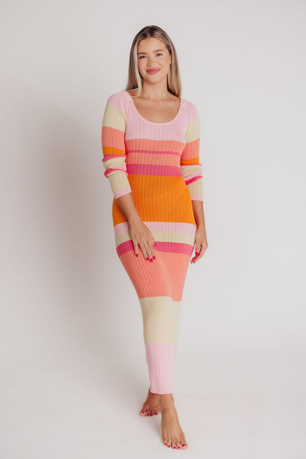 Mellow Ribbed Knit Maxi Dress with Long Sleeves in Pink/Orange Stripe