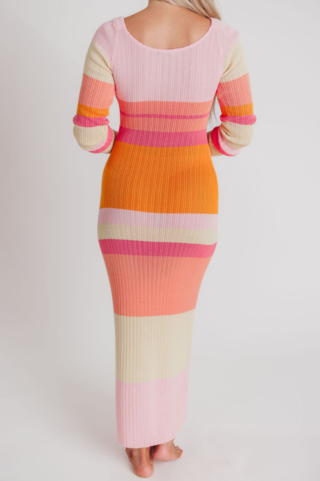 Mellow Ribbed Knit Maxi Dress with Long Sleeves in Pink/Orange Stripe