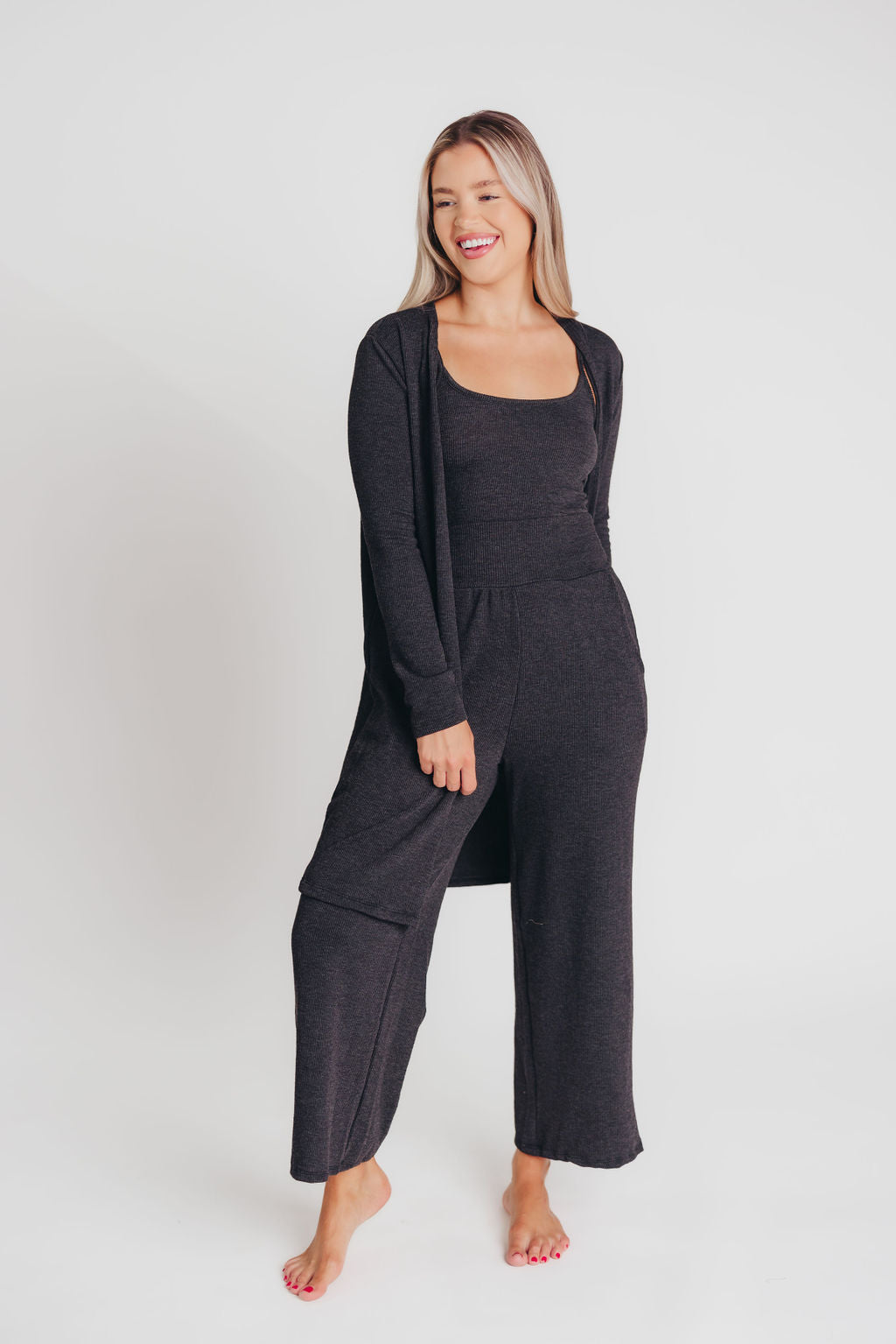 Betsy Ribbed Cardigan in Charcoal Black