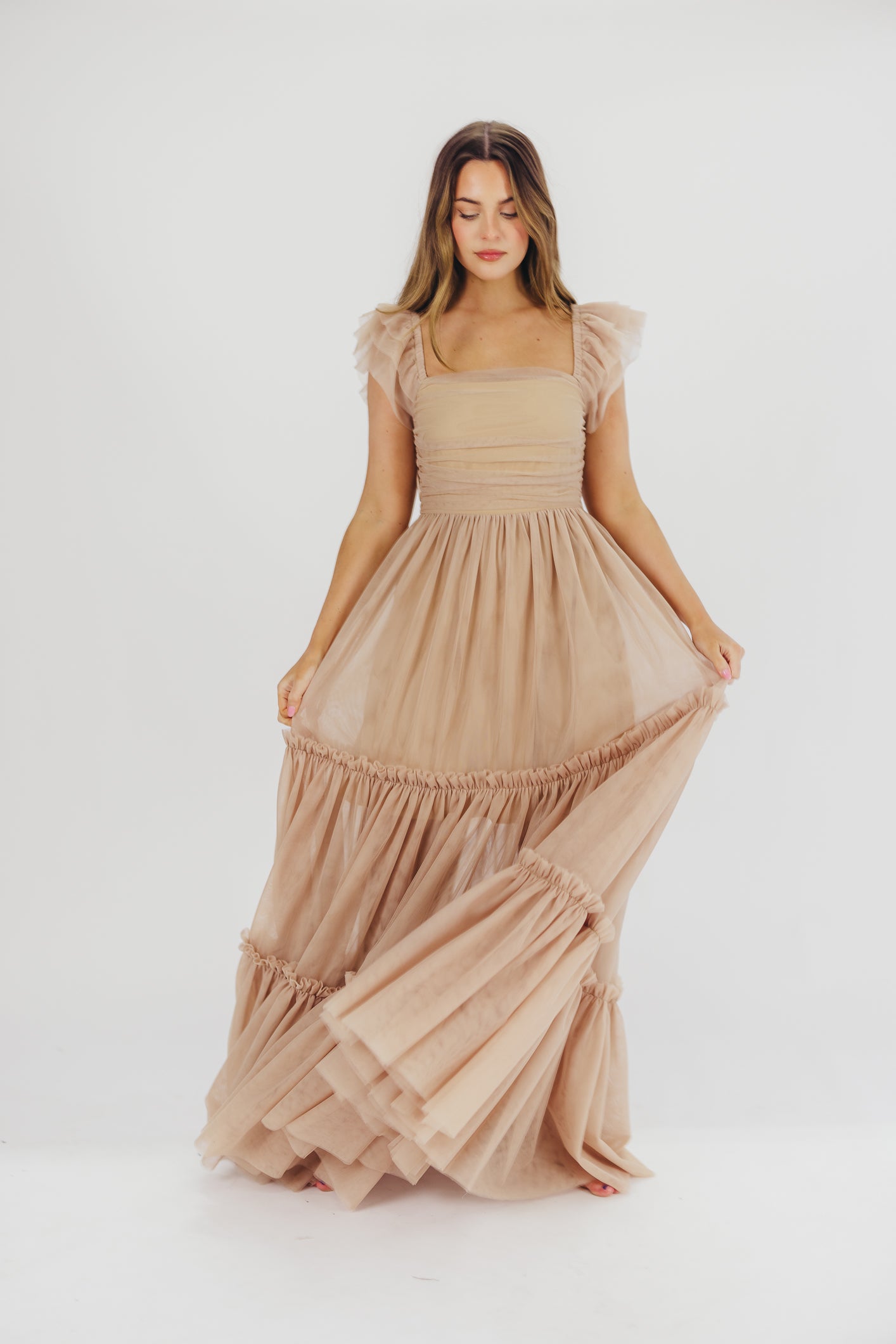 Bella Tiered Tulle Maxi Dress in Taupe - Bump Friendly & Inclusive Sizing (S-3XL)