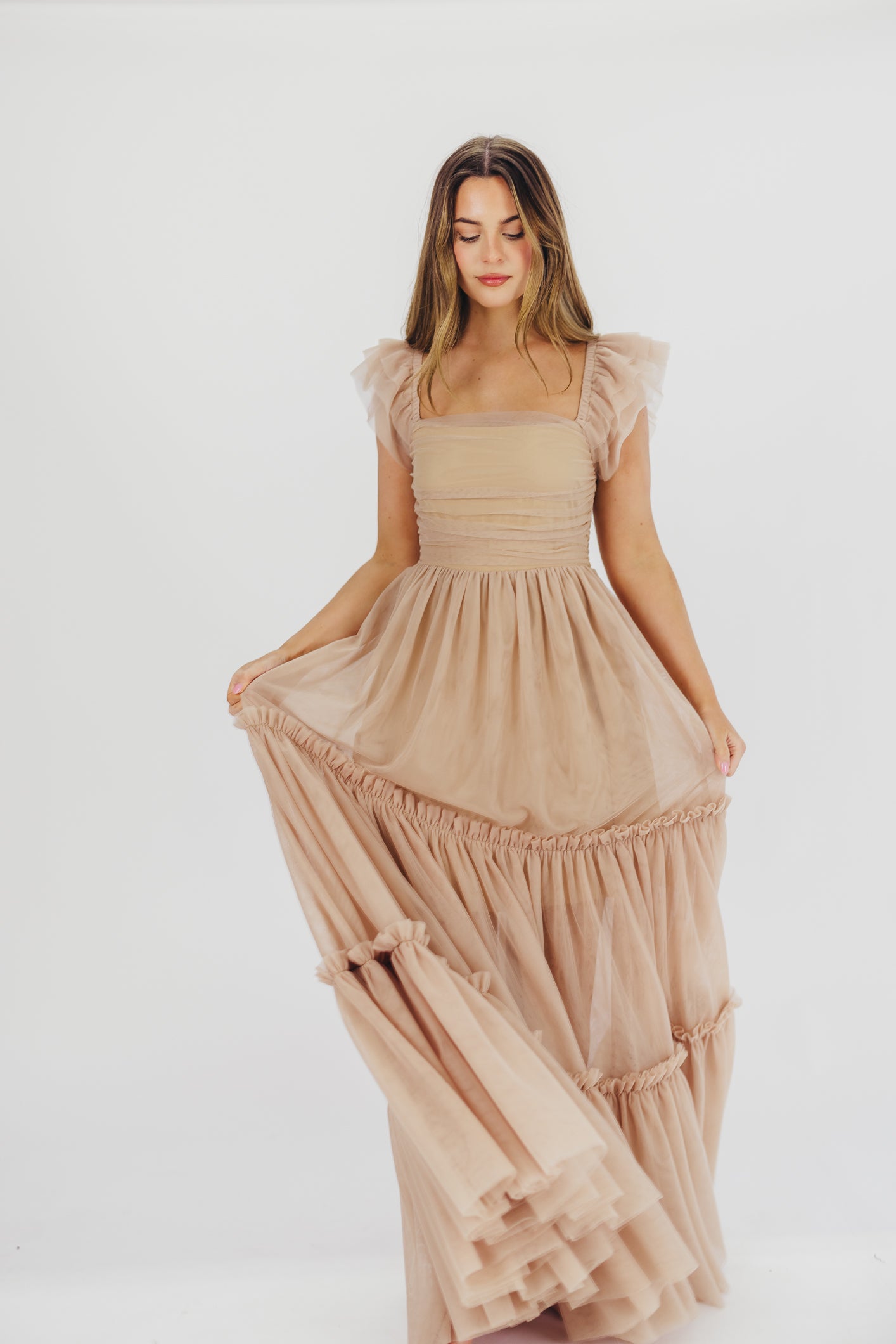 Bella Tiered Tulle Maxi Dress in Taupe - Bump Friendly & Inclusive Sizing (S-3XL) - Restocking End of Aug