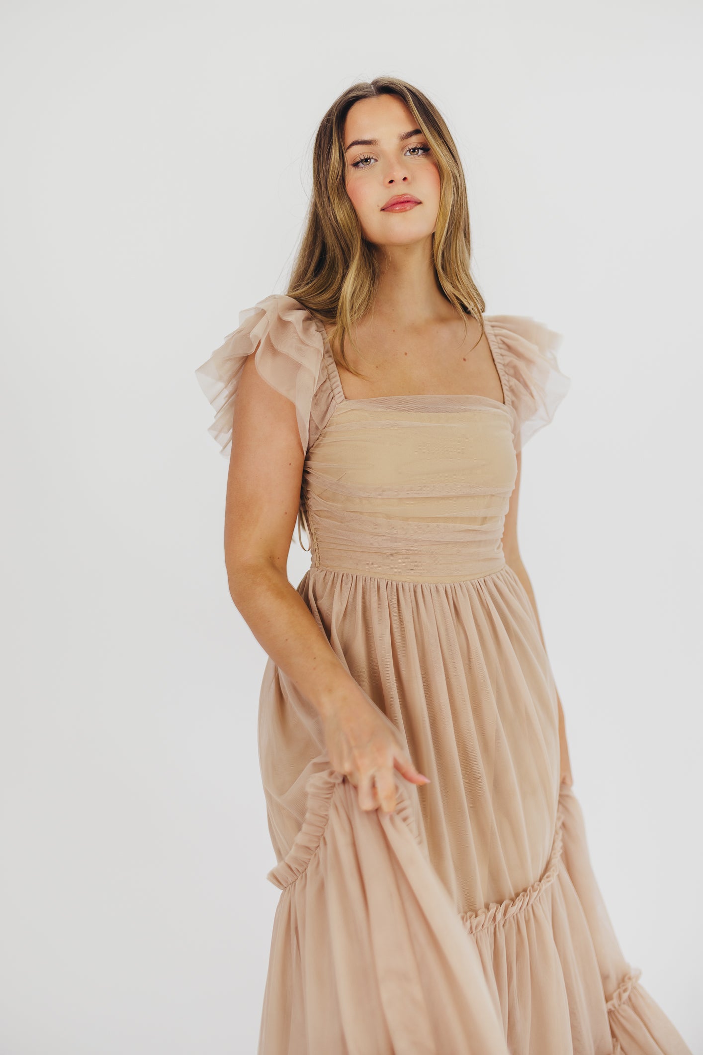 Bella Tiered Tulle Maxi Dress in Taupe - Bump Friendly & Inclusive Siz –  Worth Collective