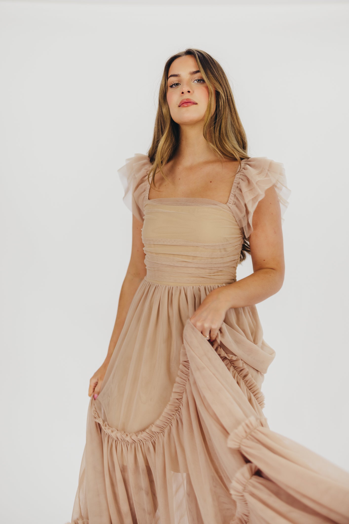 Bella Tiered Tulle Maxi Dress in Taupe - Bump Friendly & Inclusive Sizing (S-3XL) - Restocking End of Aug