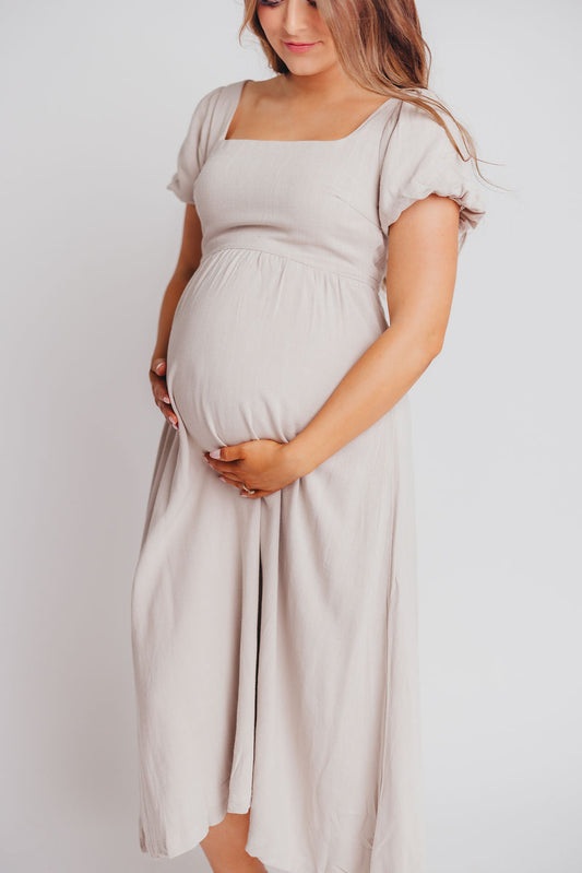 Ainsley Square Neck Midi Dress with Puffed Sleeves in Oat - Bump Friendly