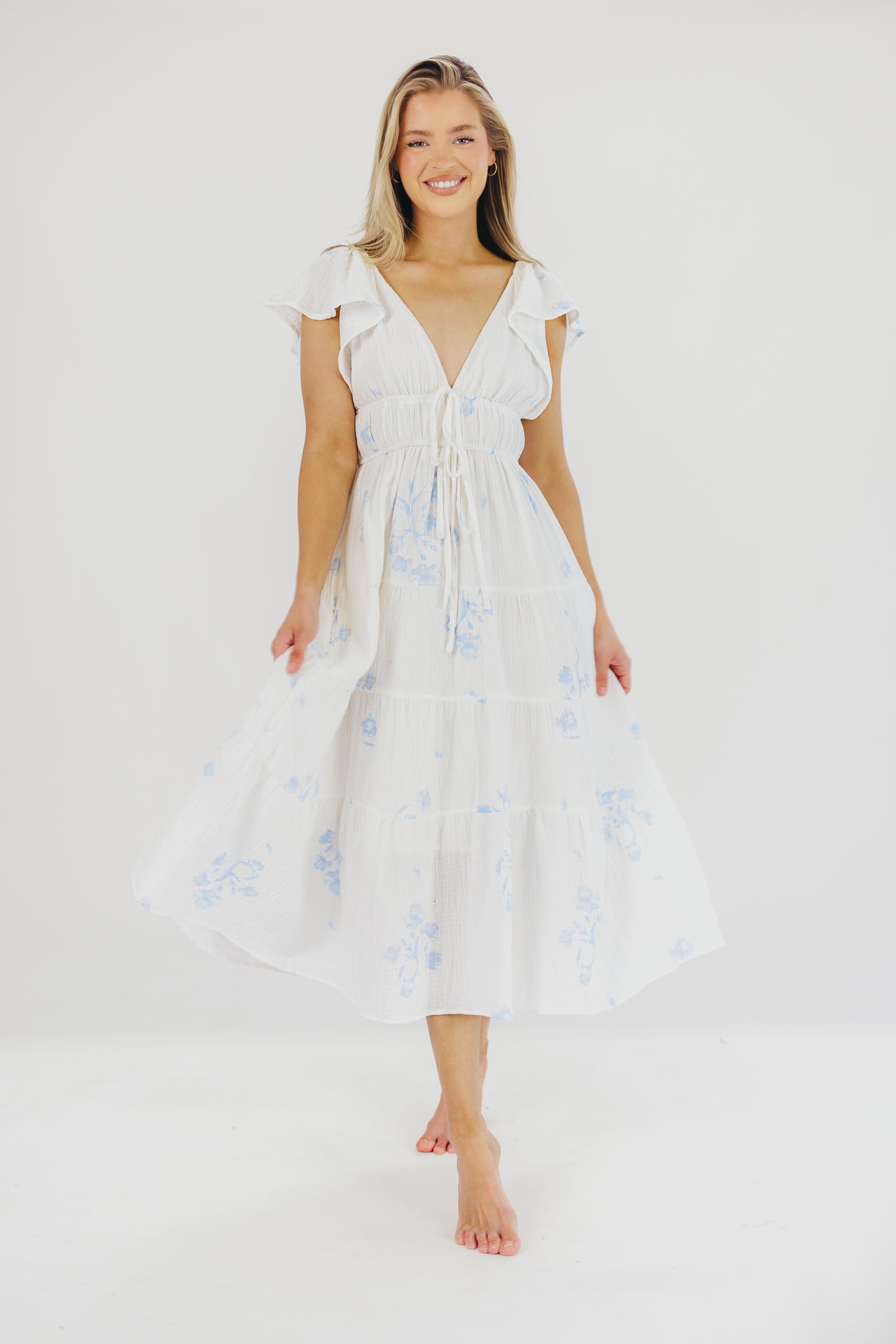 Blaire Ruffled Sleeve Midi Dress in Off-White Floral