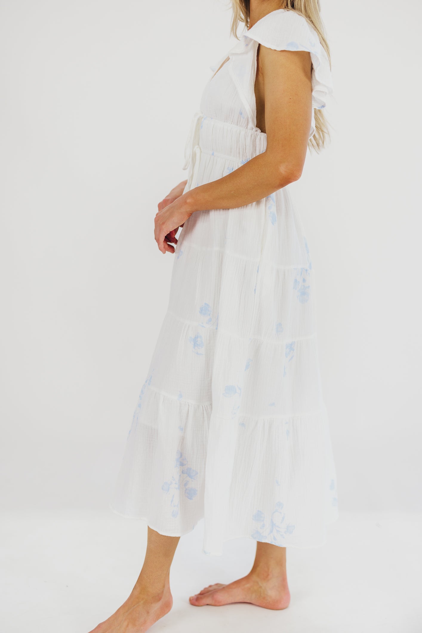 Blaire Ruffled Sleeve Midi Dress in Off-White Floral