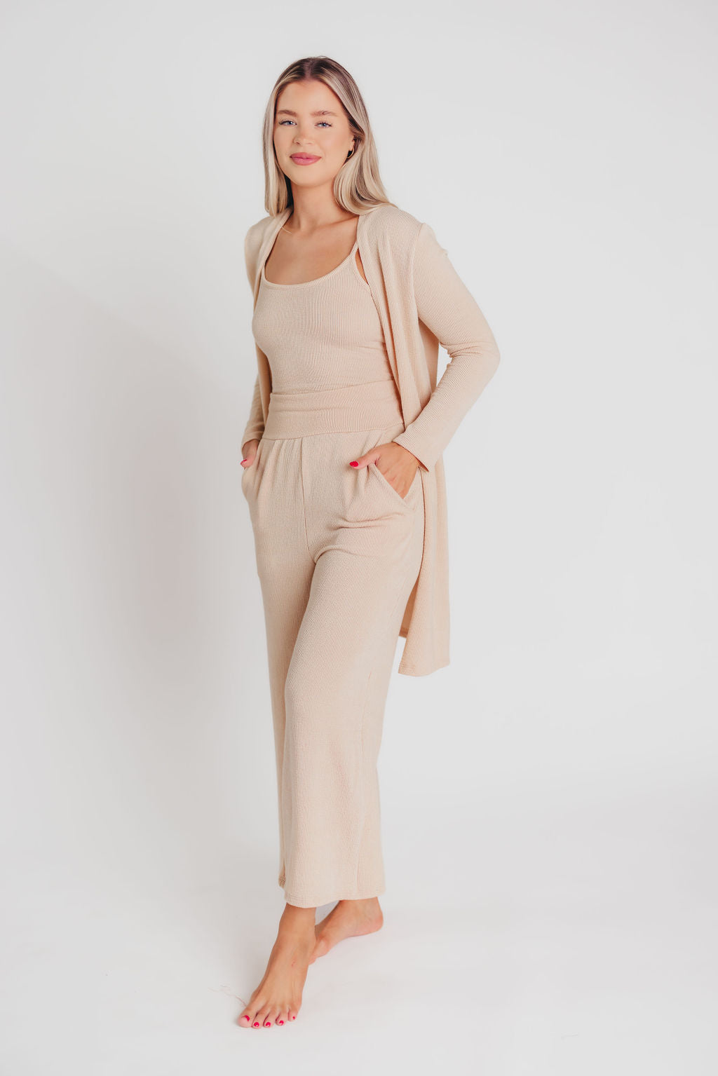 Birdie Ribbed Tank and Wide Leg Pant Set in Cream