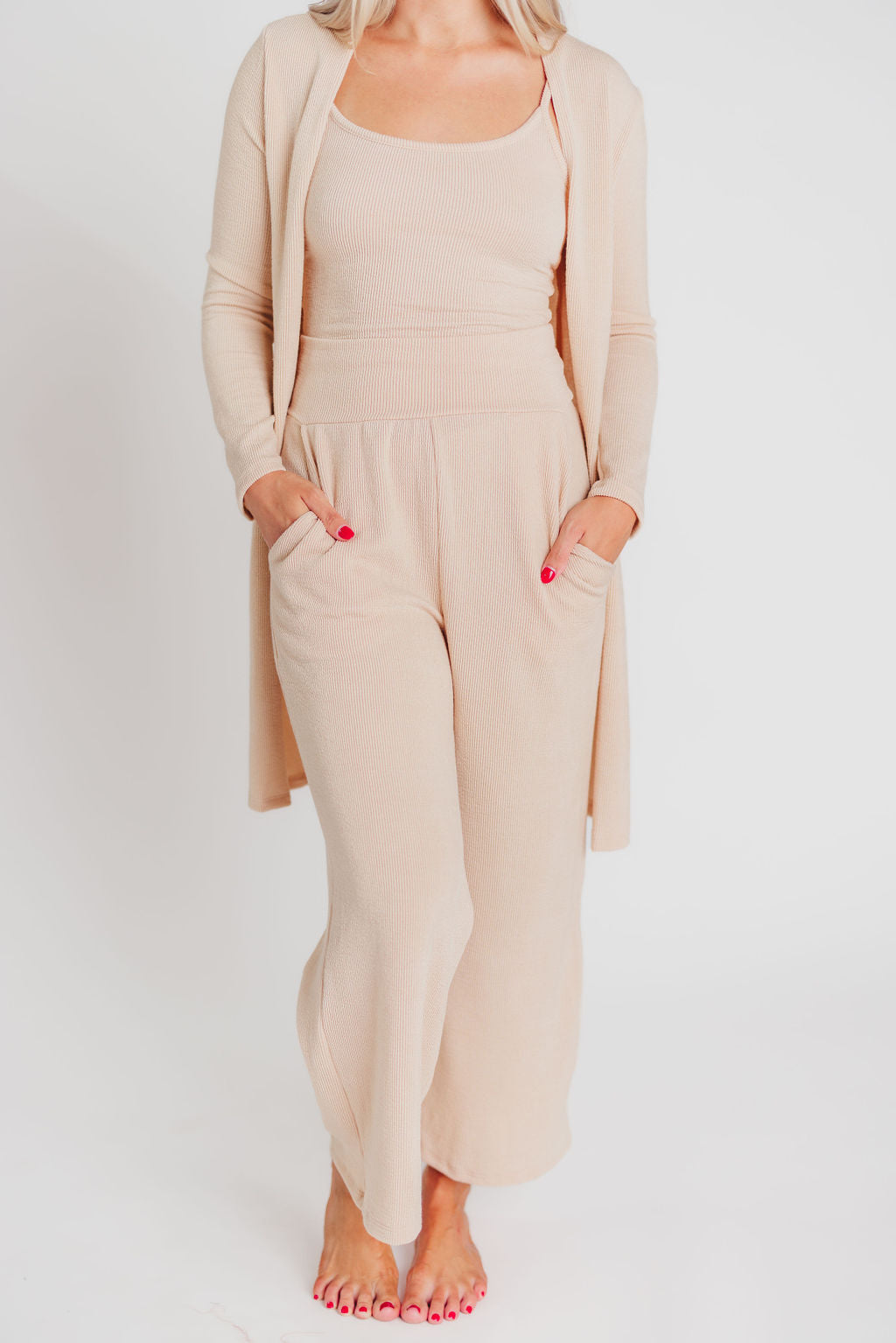 Birdie Ribbed Tank and Wide Leg Pant Set in Cream