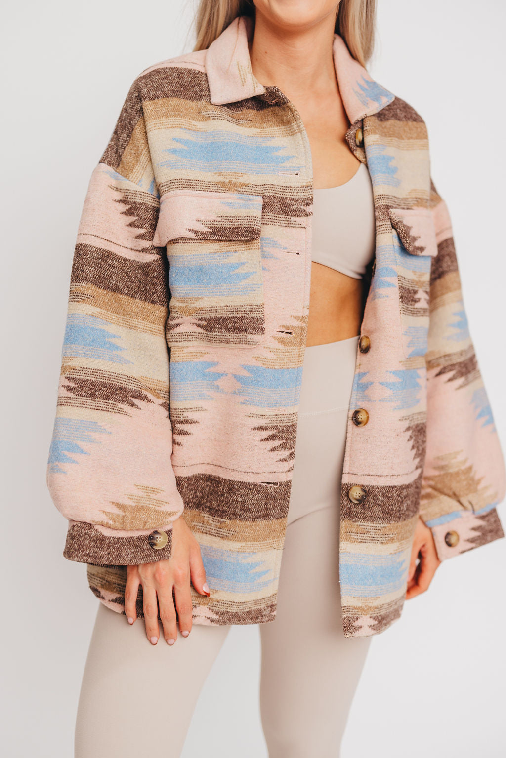 Southwestern Printed Oversized Shacket in Pink/Taupe