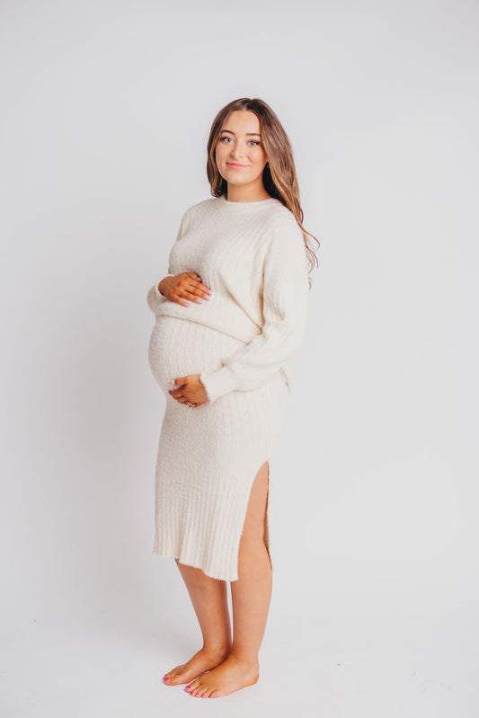 Ethan Ribbed Knee Length Sweater Skirt in Ivory - Bump Friendly