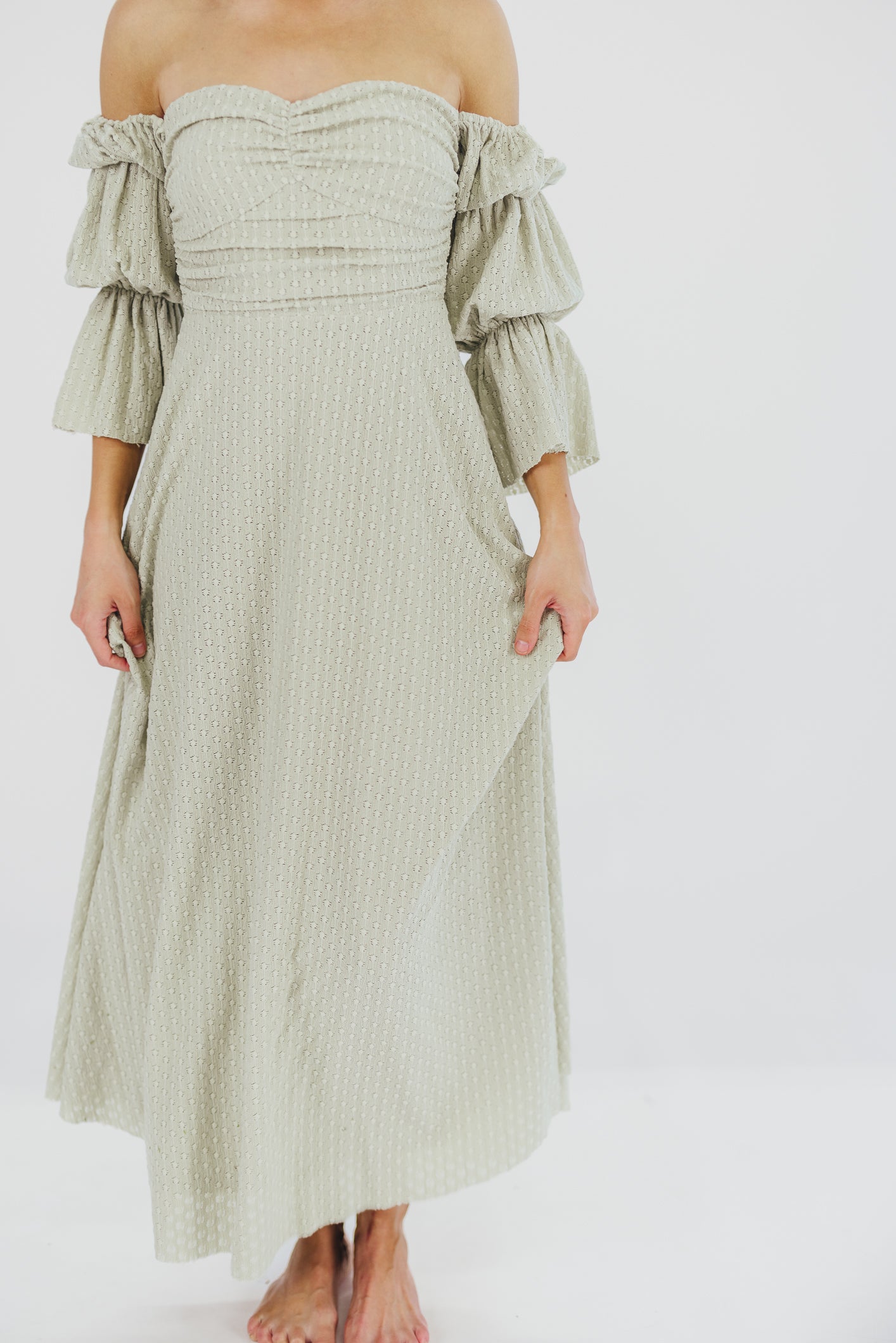 Corrine Tiered Sleeve Maxi Dress with Pockets in Light Olive Green - Bump Friendly