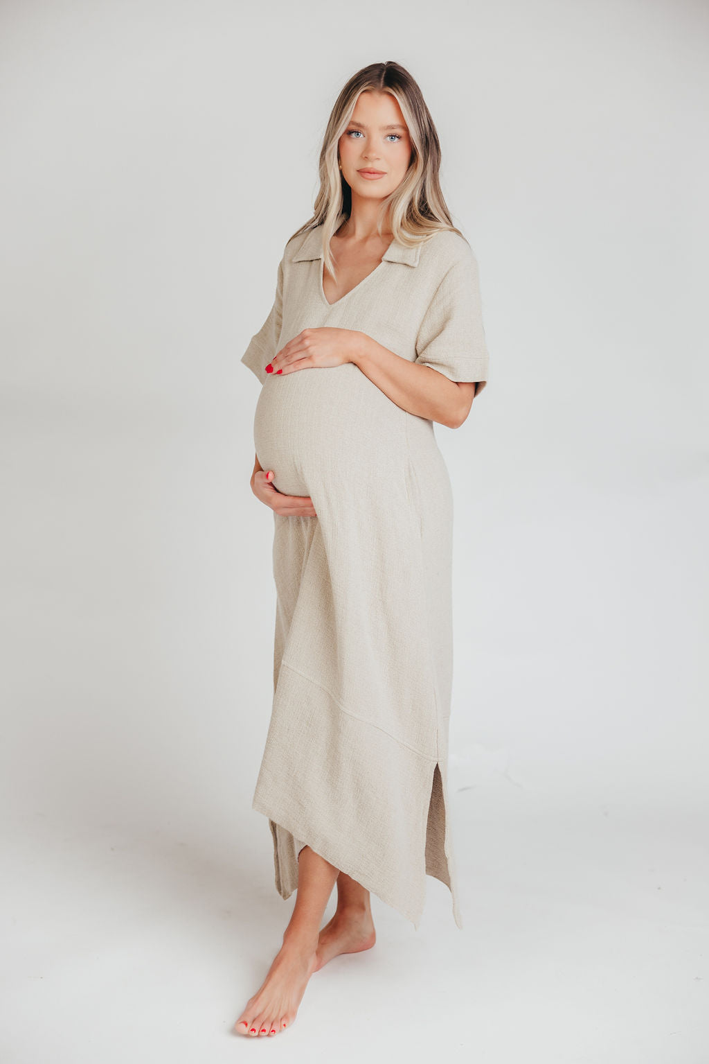 Fallon Linen-Blend Collared Midi Dress in Sand - Bump Friendly